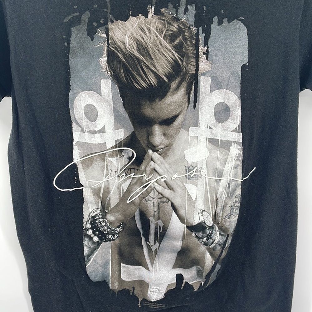 Justin Bieber 2015 Purpose album tour t tee shirt on black short sleeves EUC - Picture 4 of 8